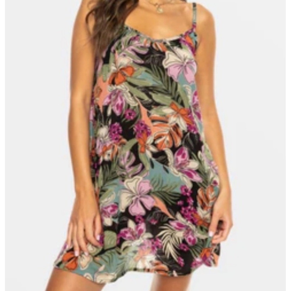 Roxy women's Spring Adventure black tropical floral print mini dress Sz SM